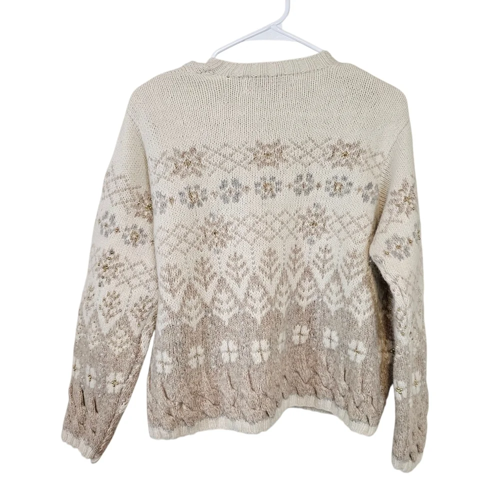 Marisa Christina Vintage Fair Isle Beaded Cable Knit Chunky Button Down Cardigan